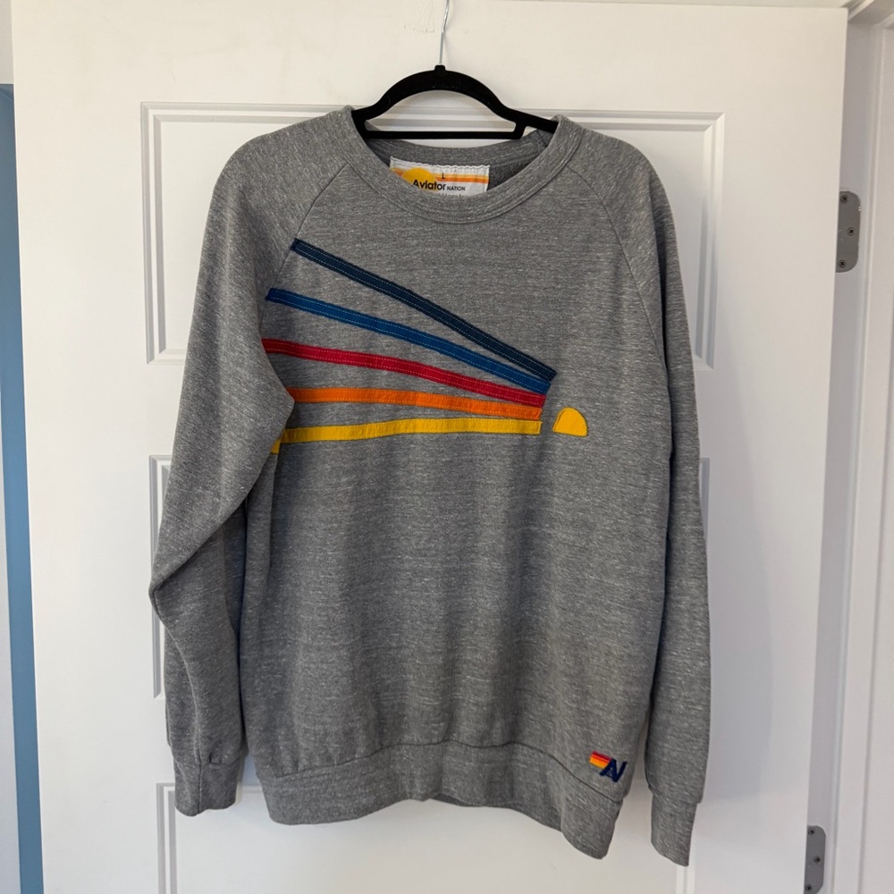 Aviator Nation  Gray Crewneck Sweater with Colorful Stripes